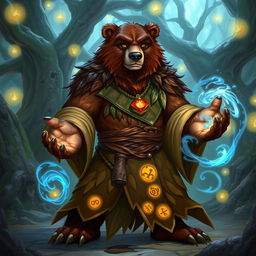 A Shifter Bear Mage from Dungeons and Dragons, standing in a mystical forest filled with magical flora and shimmering lights