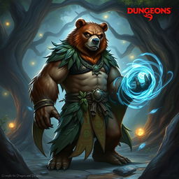 A Shifter Bear Mage from Dungeons and Dragons, standing in a mystical forest filled with magical flora and shimmering lights