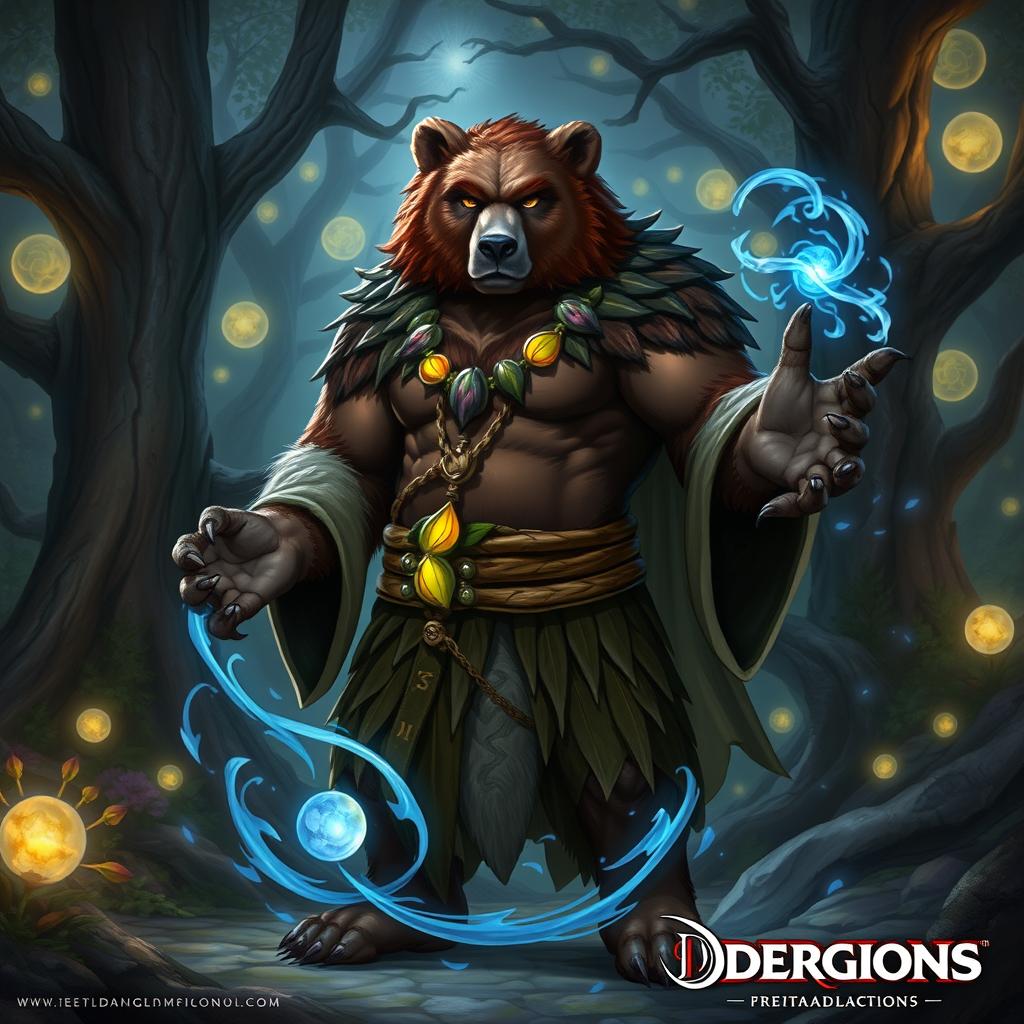 A Shifter Bear Mage from Dungeons and Dragons, standing in a mystical forest filled with magical flora and shimmering lights