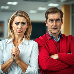 An image showcasing two attractive middle-aged Caucasian adults, a man and a woman, both displaying signs of anxiety and stress