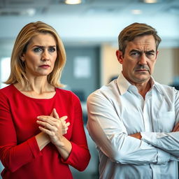 An image showcasing two attractive middle-aged Caucasian adults, a man and a woman, both displaying signs of anxiety and stress