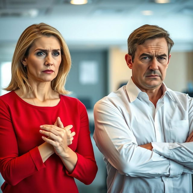 An image showcasing two attractive middle-aged Caucasian adults, a man and a woman, both displaying signs of anxiety and stress