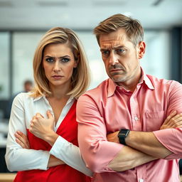 An image showcasing two attractive middle-aged Caucasian adults, a man and a woman, both displaying signs of anxiety and stress