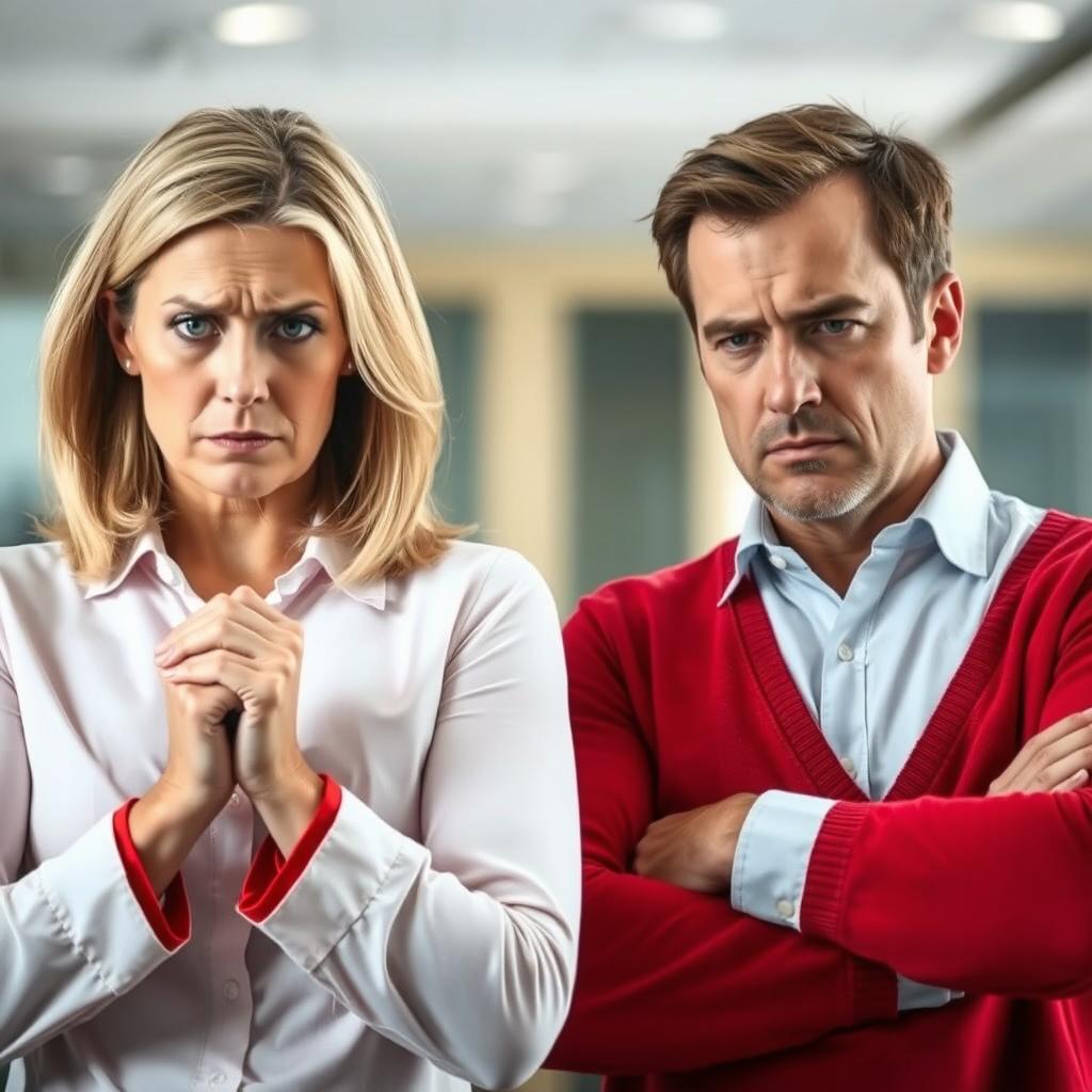 An image showcasing two attractive middle-aged Caucasian adults, a man and a woman, both displaying signs of anxiety and stress