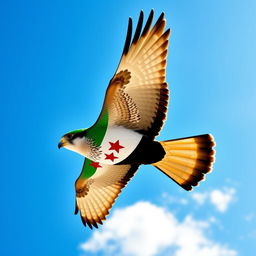 A Shaheen (peregrine falcon) soaring majestically in a bright blue sky, with the Syrian revolution flag beautifully depicted on its wings