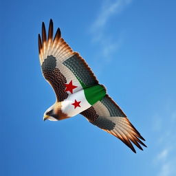 A Shaheen (peregrine falcon) soaring majestically in a bright blue sky, with the Syrian revolution flag beautifully depicted on its wings