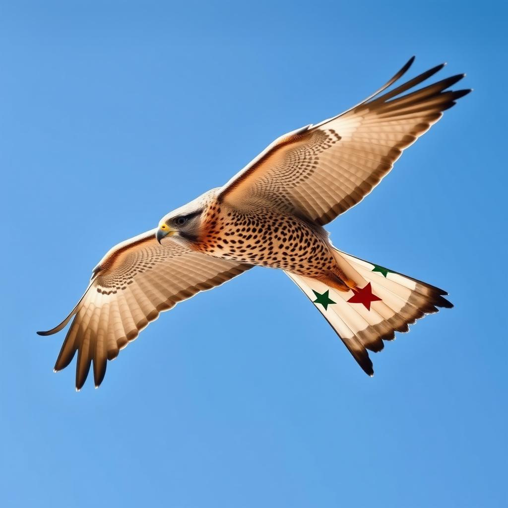 A Shaheen (peregrine falcon) soaring majestically in a bright blue sky, with the Syrian revolution flag beautifully depicted on its wings