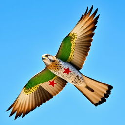 A Shaheen (peregrine falcon) soaring majestically in a bright blue sky, with the Syrian revolution flag beautifully depicted on its wings