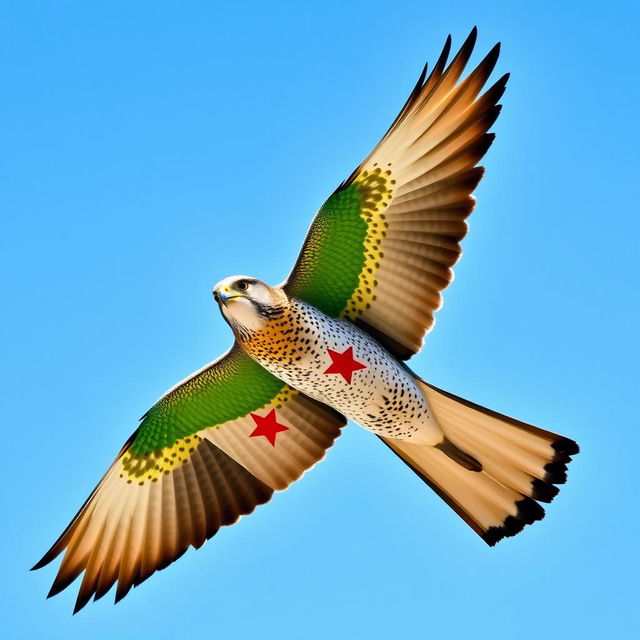 A Shaheen (peregrine falcon) soaring majestically in a bright blue sky, with the Syrian revolution flag beautifully depicted on its wings