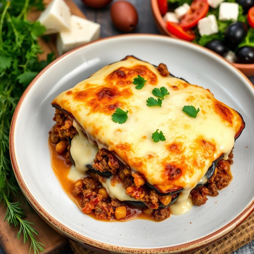 A beautifully plated dish of traditional Greek Moussaka, featuring layers of eggplant, spiced ground beef, and creamy béchamel sauce, garnished with fresh parsley