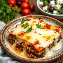 A beautifully plated dish of traditional Greek Moussaka, featuring layers of eggplant, spiced ground beef, and creamy béchamel sauce, garnished with fresh parsley
