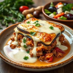 A beautifully plated dish of traditional Greek Moussaka, featuring layers of eggplant, spiced ground beef, and creamy béchamel sauce, garnished with fresh parsley