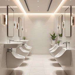 A modern women's restroom featuring long, narrow female urinals jutting out 3 feet from the wall