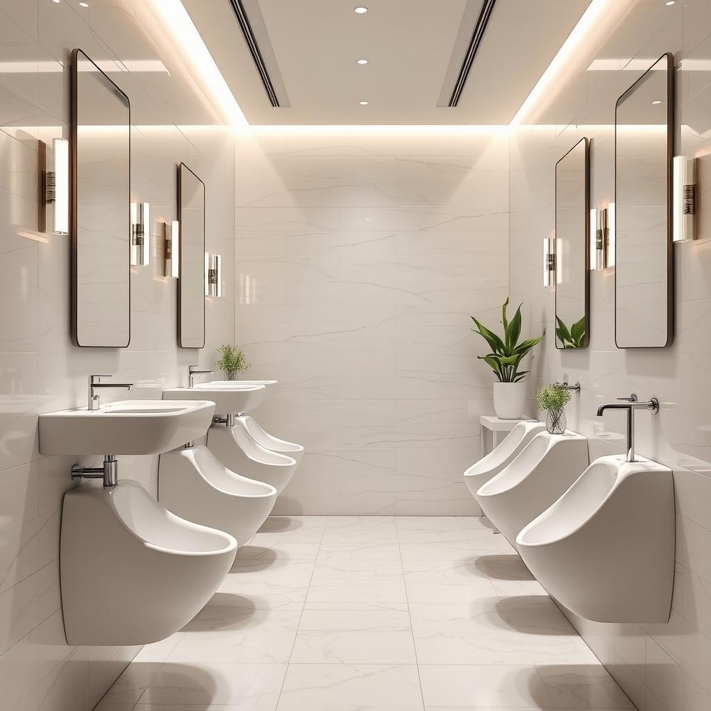 A modern women's restroom featuring long, narrow female urinals jutting out 3 feet from the wall