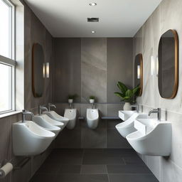 A modern women's restroom featuring long, narrow female urinals jutting out 3 feet from the wall