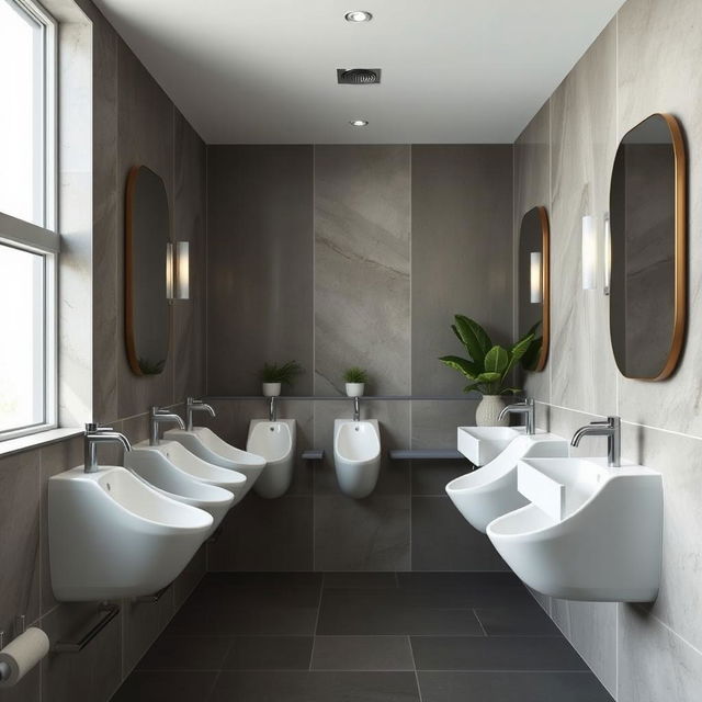 A modern women's restroom featuring long, narrow female urinals jutting out 3 feet from the wall