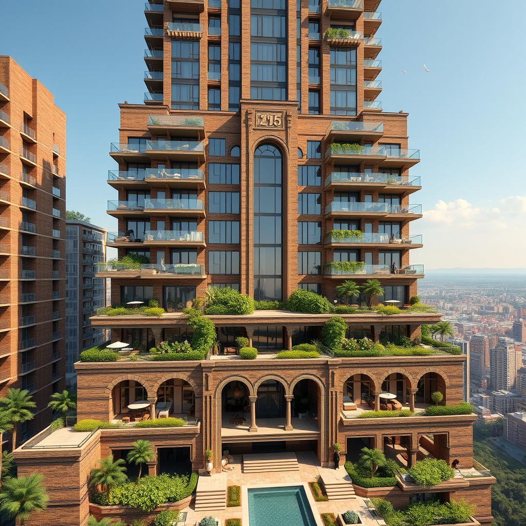 An eye-catching and stunning 20-story skyscraper with a modern structure inspired by nature and Persian architecture, featuring a remarkable fourth floor