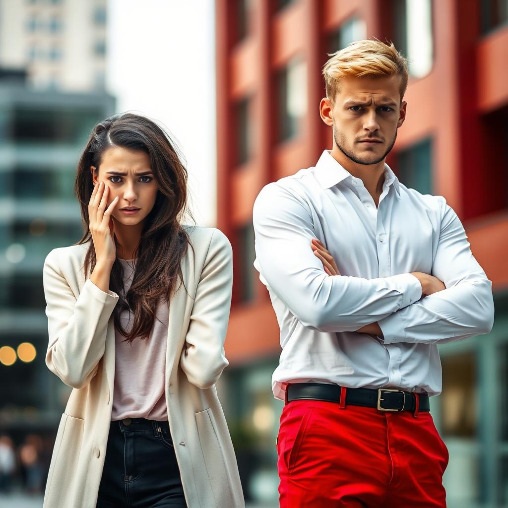 An image featuring two attractive 26-year-old Caucasian adults, a man and a woman, both displaying anxiety and stress