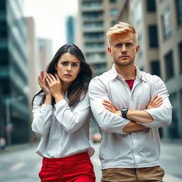 An image featuring two attractive 26-year-old Caucasian adults, a man and a woman, both displaying anxiety and stress