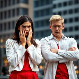 An image featuring two attractive 26-year-old Caucasian adults, a man and a woman, both displaying anxiety and stress