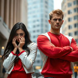 An image featuring two attractive 26-year-old Caucasian adults, a man and a woman, both displaying anxiety and stress