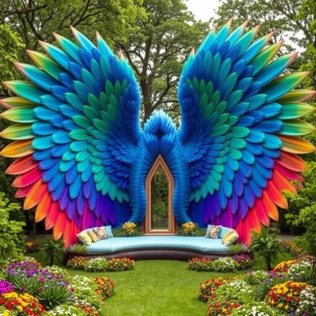A large majestic wing spread out on both sides, adorned with vibrant feathers that serve as unique seating areas