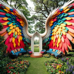 A large majestic wing spread out on both sides, adorned with vibrant feathers that serve as unique seating areas