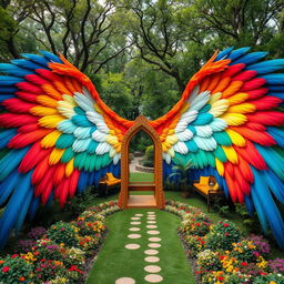A large majestic wing spread out on both sides, adorned with vibrant feathers that serve as unique seating areas