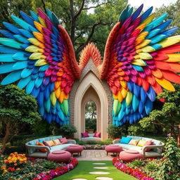 A large majestic wing spread out on both sides, adorned with vibrant feathers that serve as unique seating areas