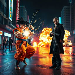 A vibrant action movie trailer scene featuring Goku from Dragon Ball Z in a dramatic showdown with a powerful cartel leader