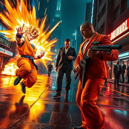 A vibrant action movie trailer scene featuring Goku from Dragon Ball Z in a dramatic showdown with a powerful cartel leader