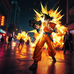 A vibrant action movie trailer scene featuring Goku from Dragon Ball Z in a dramatic showdown with a powerful cartel leader