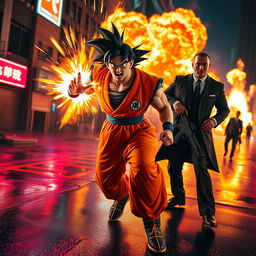 A vibrant action movie trailer scene featuring Goku from Dragon Ball Z in a dramatic showdown with a powerful cartel leader