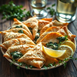 A beautifully arranged platter of Spanakopita, featuring golden-brown, flaky phyllo pastry triangles filled with a delicious mixture of fresh spinach, feta cheese, and herbs