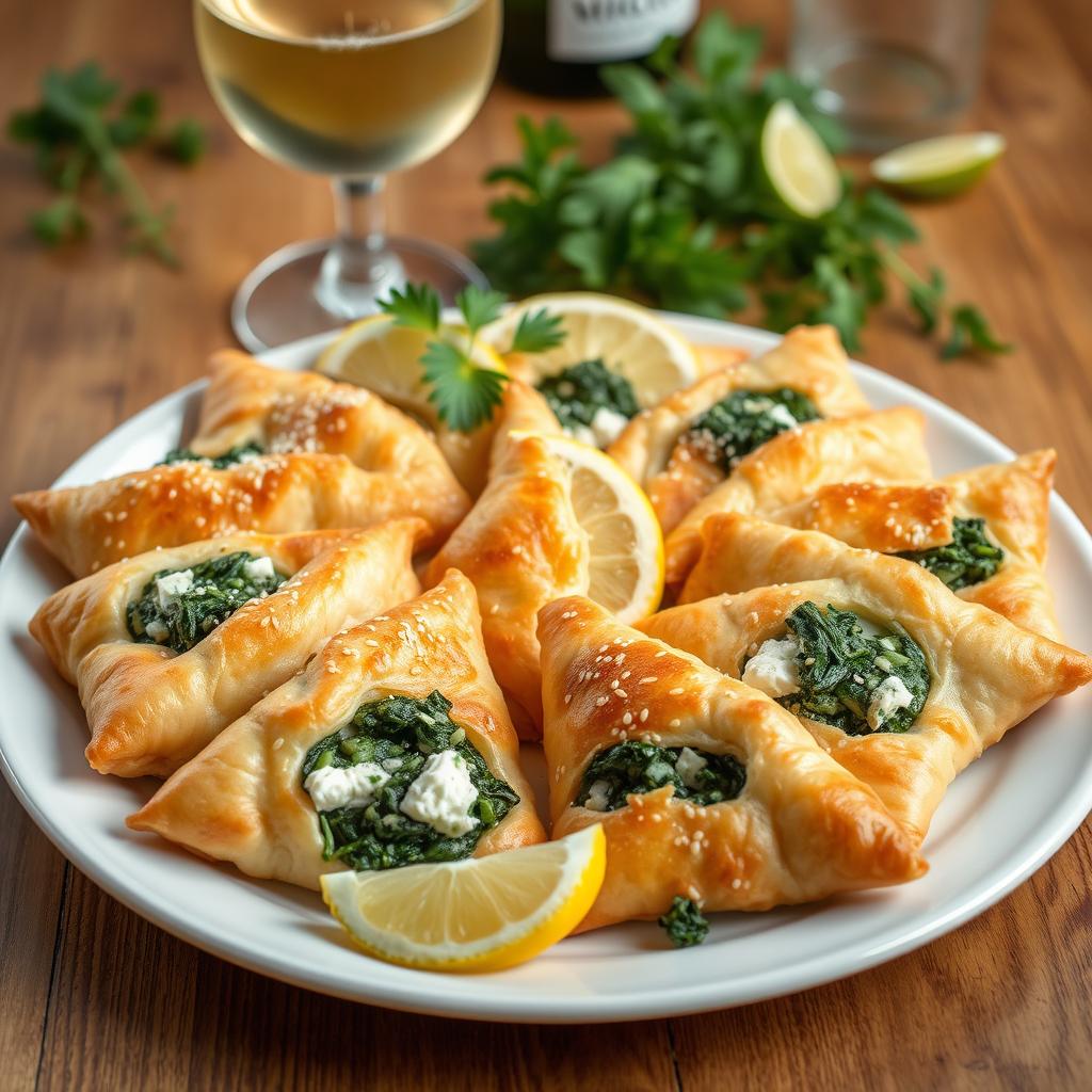 A beautifully arranged platter of Spanakopita, featuring golden-brown, flaky phyllo pastry triangles filled with a delicious mixture of fresh spinach, feta cheese, and herbs