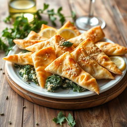 A beautifully arranged platter of Spanakopita, featuring golden-brown, flaky phyllo pastry triangles filled with a delicious mixture of fresh spinach, feta cheese, and herbs