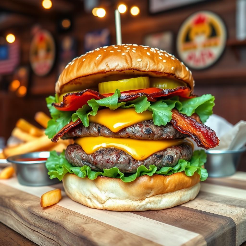 A delicious and juicy hamburger with perfectly grilled beef patty, topped with fresh lettuce, ripe tomato slices, crispy bacon, melted cheddar cheese, and a special sauce, all nestled between a sesame seed bun