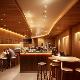 Interior design of a 10m x 10m coffee shop with a customer seating hall, comfortable furnishings, warm lighting, and a tastefully designed coffee bar.