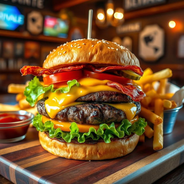 A delicious and juicy hamburger with perfectly grilled beef patty, topped with fresh lettuce, ripe tomato slices, crispy bacon, melted cheddar cheese, and a special sauce, all nestled between a sesame seed bun