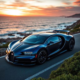 A sleek and elegant Bugatti parked on a picturesque coastal road during sunset