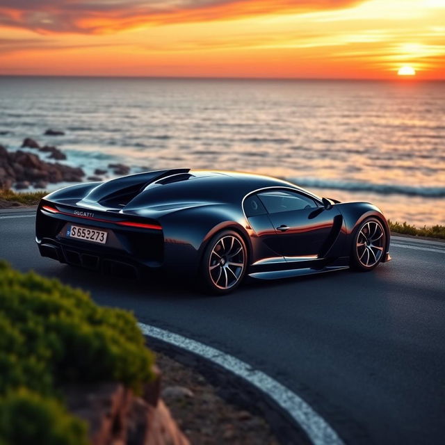 A sleek and elegant Bugatti parked on a picturesque coastal road during sunset