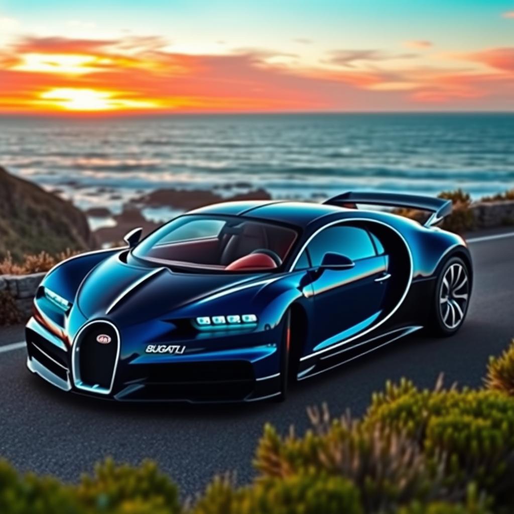 A sleek and elegant Bugatti parked on a picturesque coastal road during sunset
