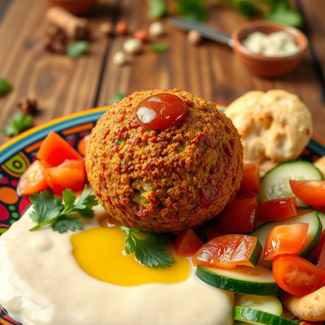 A close-up of a delicious, freshly made falafel ball, golden brown and crispy on the outside, served on a vibrant plate with a colorful array of toppings including fresh parsley, tahini sauce, diced tomatoes, and sliced cucumbers