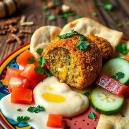 A close-up of a delicious, freshly made falafel ball, golden brown and crispy on the outside, served on a vibrant plate with a colorful array of toppings including fresh parsley, tahini sauce, diced tomatoes, and sliced cucumbers