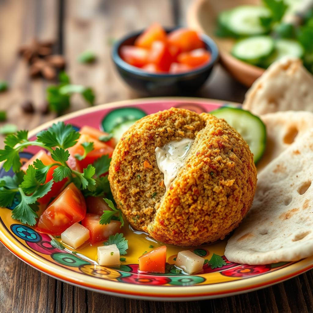 A close-up of a delicious, freshly made falafel ball, golden brown and crispy on the outside, served on a vibrant plate with a colorful array of toppings including fresh parsley, tahini sauce, diced tomatoes, and sliced cucumbers