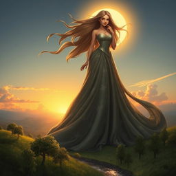 A majestic giantess towering over a lush green landscape, her long flowing hair cascading down her back