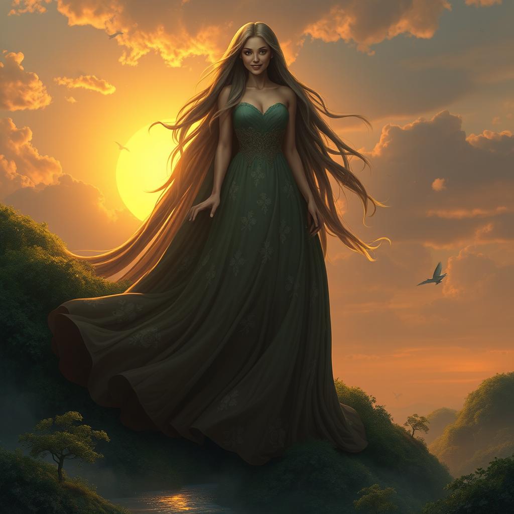 A majestic giantess towering over a lush green landscape, her long flowing hair cascading down her back