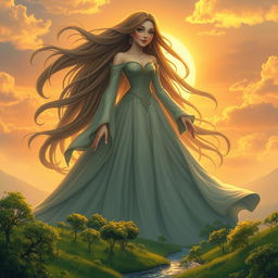A majestic giantess towering over a lush green landscape, her long flowing hair cascading down her back
