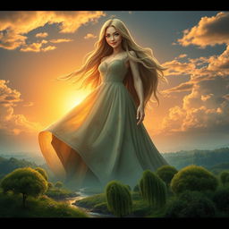 A majestic giantess towering over a lush green landscape, her long flowing hair cascading down her back