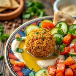 A close-up of a delicious, freshly made falafel ball, golden brown and crispy on the outside, served on a vibrant plate with a colorful array of toppings including fresh parsley, tahini sauce, diced tomatoes, and sliced cucumbers